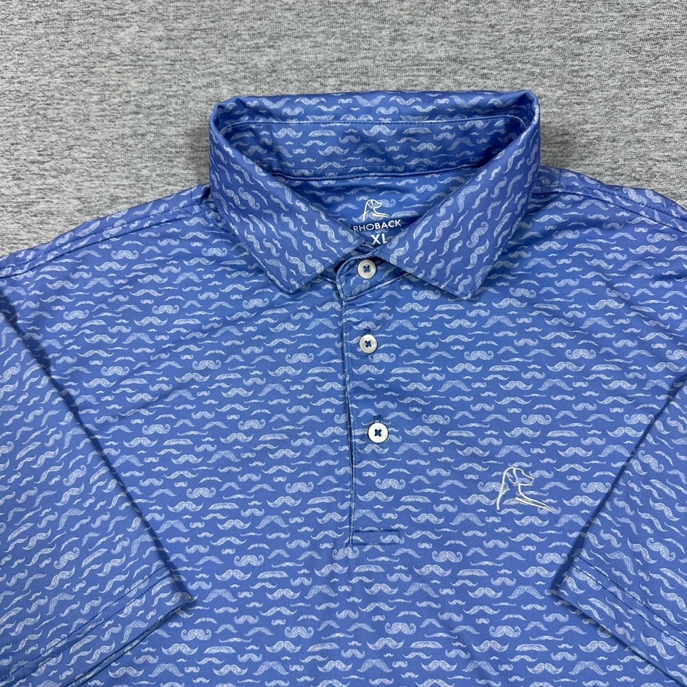 Rhoback Polo Shirt Mens XL Blue Mustache Print Performance Stretch Golf READ